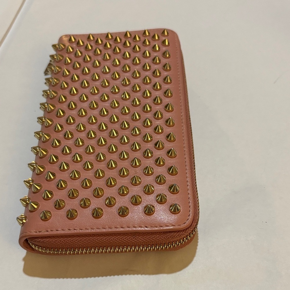 Christian‎ Louboutin Panettone Studded Zip Around Wallet Pink Gold Spikes
